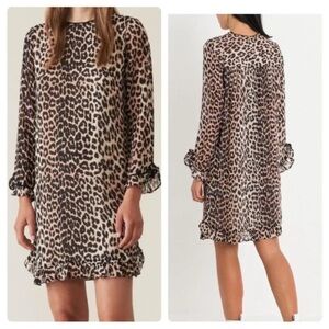 NWT GANNI Mullin Leopard Printed Georgette Long Sleeve Dress size 38